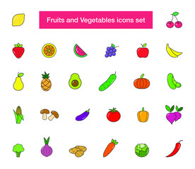 fruit and vegetable icons set. colorful food icons for web site and mobile app