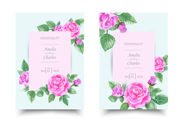 Set of wedding invitation card with watercolor of pink rose flower template with text