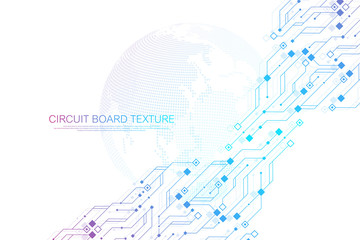 Technology abstract circuit board texture background. High-tech futuristic circuit board banner wallpaper. Engineering electronic motherboard vector illustration. Technological communication concept