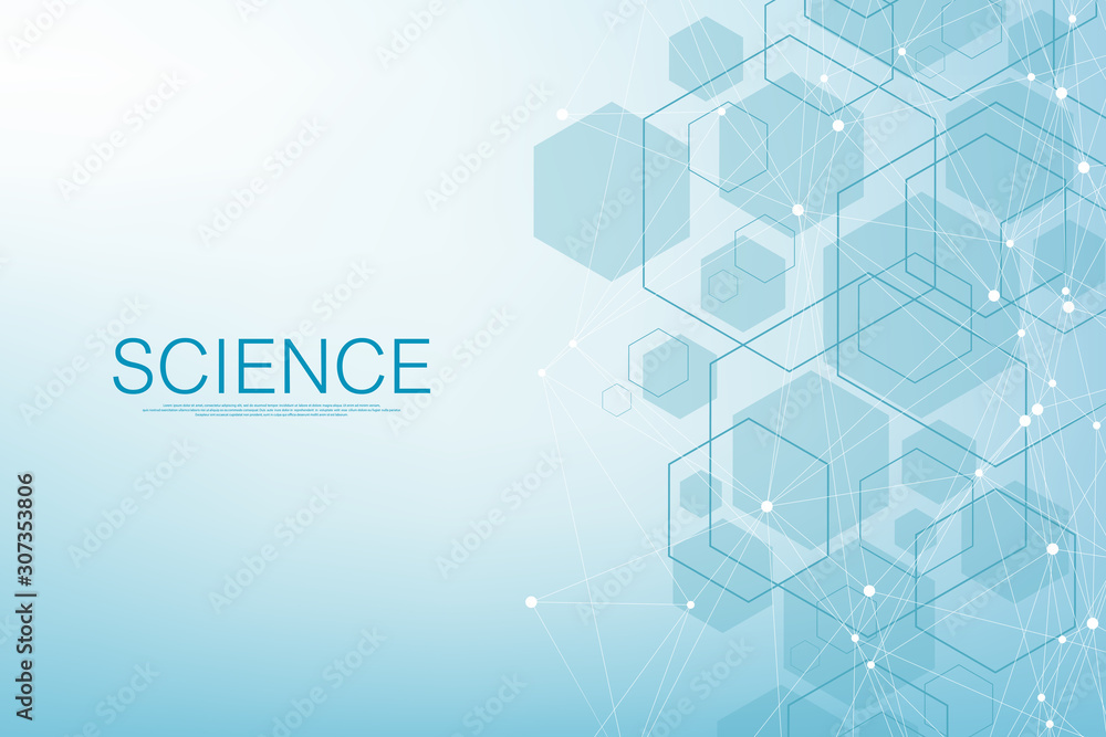 Poster Geometric abstract background molecule with hexagons. Technology pattern with lines, dots, hexagons. Futuristic molecule shapes concept for medical, technology, chemistry, science. Vector banner.