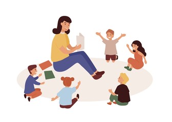 Smiling kindergarten teacher and kids flat vector illustration. Woman tutor and preschoolers reading in nursery. Babysitter and children cartoon characters. Primary education, preschool development.