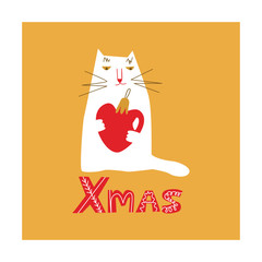 Cute fat cat holds a huge heart. Flat Christmas illustration. Cartoon cat Great for greeting card, poster, invitation, sticker.