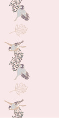 Romantic vector border with birds pecking berries. Vintage hand-drawn style. One of "Birds and Berries" collection patterns.