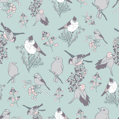 Fototapety  Romantic vector repeat pattern with birds and plants with berries. Vintage hand-drawn style. One of "Birds and Berries" collection patterns.