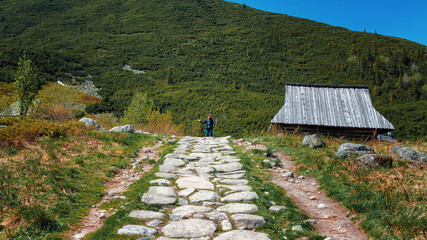 White stoned pathway in green mountain valley, wooden house and man photographer traveller standing...