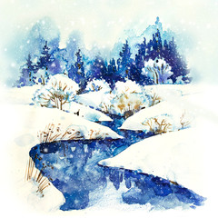 Winter landscape. Watercolor hand drawn botanical illustration. Watercolor christmas. Winter forest. Winter river in the snow