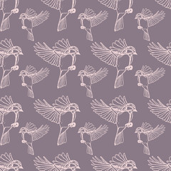 Vector repeat pattern with flying birds on dark purple background. Hand-drawn style. One of "Birds and Berries" collection patterns.
