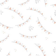 Vector repeat pattern with grey and orange party flags on white background. Pastel colors. One of 