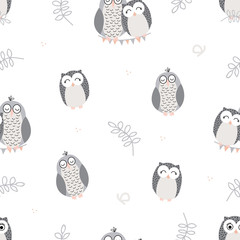 Vector repeat pattern with cute sleeping owls on white background. Hand-drawn style, pastel colors. One of " The Owls" collection patterns.