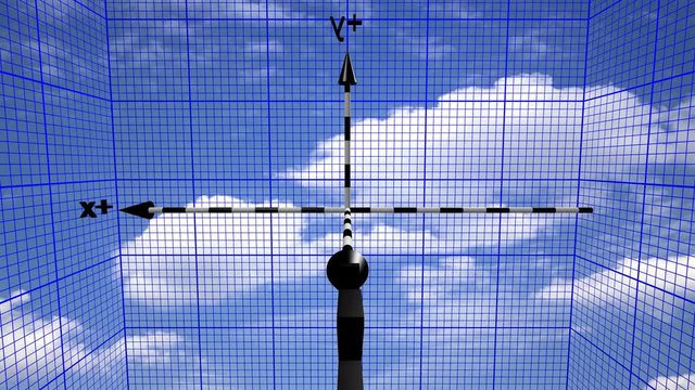 Time lapse of the reference system of the three-dimensional space of the Cartesian axes, on a sky background