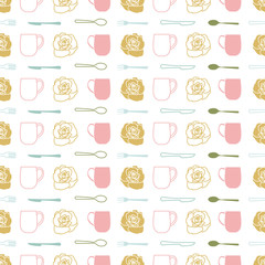 Regular repeat vector pattern with teacups and flowers on white background. One of 