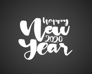 Handwritten brush lettering composition of Happy New Year 2020 on chalkboard background.