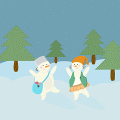 Vector illustration of two snowmen, a boy and a girl, in a forest. Happy New Year and Christmas story. Winter card. New Year and Christmas card. Print design. Winter character.