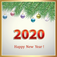 Fototapeta na wymiar Happy New Year 2020. Greeting card with colorful Christmas balls on fir branches. Vector illustration