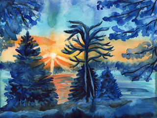 winter forest sunset watercolor post card