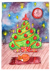 little sleeping orange cat new year christmas tree holiday gifts snow winter greeting card watercolor red green yellow blue violet multicolored