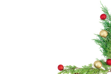 Christmas winter concept made of evergreen branches and balls decoration on white background. Flat lay, top view.