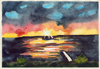 sea view sunset clouds watercolor illustration