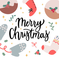 Merry Christmas lettering handwritten phrase, banner, greeting card, or print poster. Beautiful handmade writing with brush pen, vector template. Isolated vector arrangement, festive symbols