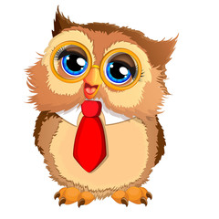 Beautiful owl with a golden glasses and a red print tie. Owl in a red tie. Cartoon vector illustration isolated on white background. Vector illustration for your design. 