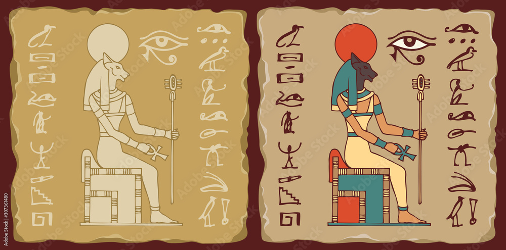 Poster set of vector banners in the form of ceramic tiles with goddess bastet and hieroglyphs. the ancient 