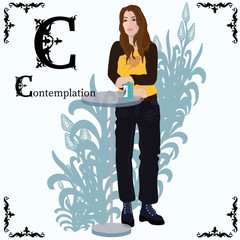Vector illustration Girl standing at the bar counter. Decorative inscription. Floral silhouette background. Letter C