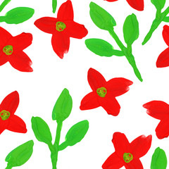 red flowers green leaves branch seamless pattern