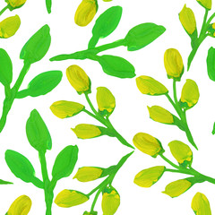 yellow flowers green leaves branch seamless pattern