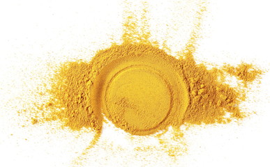 Turmeric powder isolated on white background, top view