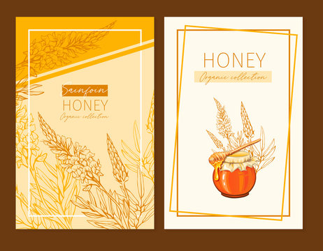 Sainfoin Honey Print Template. Yellow and Orange Banners for Thanksgiving Holiday or Packaging Brand Identity. Vector Illustration