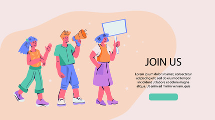 Obraz premium Join us! -header and people shouting in loud speaker and recruiting or proposing to join to business team, referral program. Advertising and announcement, cooperation offer vector banner.