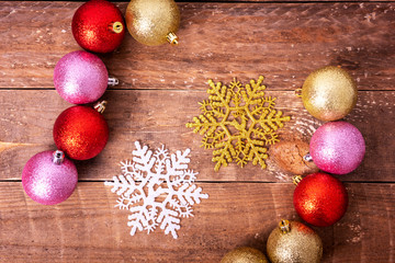 Christmas balls and snowflakes on wooden table, Christmas Decoration