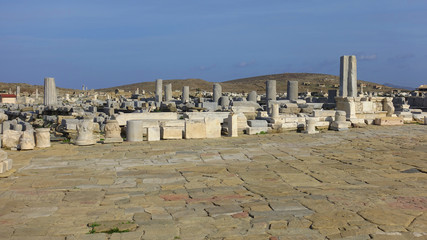 Iconic and amazing archaeological site in uninhabited island of Delos, Cyclades, Greece