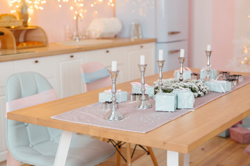 Table served for Christmas dinner. Beautiful table setting for New Year dinner