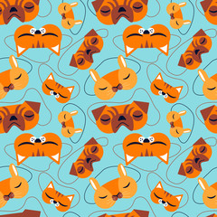 Sleep mask pattern. Beautiful sleep mask seamless pattern, great design for any purposes. Cute faces of cat and hamster, dogs.   Textile design. Beautiful vector illustration.