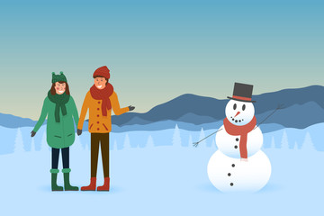 Young cute couple in love made a snowman in nature in winter. People outdoor activity on a background of a mountain landscape. Vector illustration of romantic weekend or holiday banner concept.