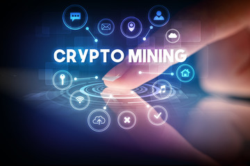 Finger touching tablet with web technology icons and CRYPTO MINING inscription, web technology concept