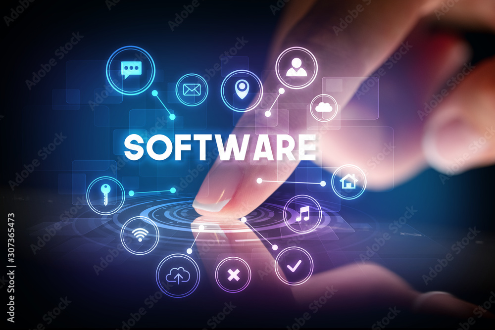 Aufkleber finger touching tablet with web technology icons and software inscription, web technology concept