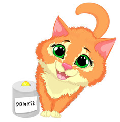 Cute red cat with a jar donate. Vector cartoon illustration.