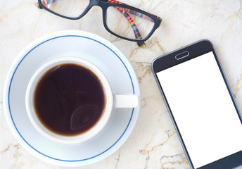 Fototapeta na wymiar smartphone, cup of coffee and spectacles. Business,working,communication, social media mockup