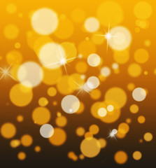 Golden lighting with bokeh background, christmas lights and abstract stars, defocused lights background.