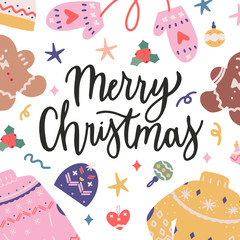  Merry Christmas lettering handwritten phrase, banner, greeting card, or print poster. Beautiful handmade writing with brush pen, vector template. Festive symbols