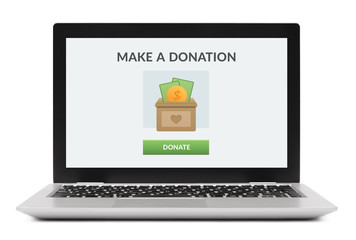 Donation concept on laptop computer screen. Isolated on white