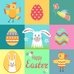 Happy easter. Set of elements for creating design cards, invitations, poster, banner. Easter icons. Easter bunny, painted eggs, rooster, chicken, bird with flower, lettering. Collection of pictures