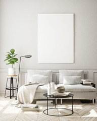 mock up poster frame in modern interior background, living room, Scandinavian style, 3D render, 3D illustration