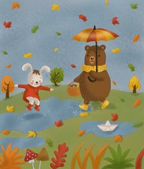 Cute illustration. Autumn. Bunny jumping through puddles, a bear carries a basket of mushrooms