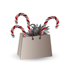 Festive composition with Christmas tree branches and sweets in a gift bag on a white background.