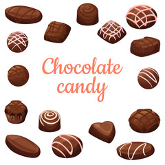 Chocolate candies cartoon set, isolated dark chocolate candy illustrations.