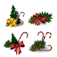 Set of festive composition with Christmas tree branches with bows on a white background.