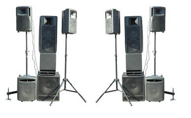 Old industrial powerful stage sound speakers isolated over white